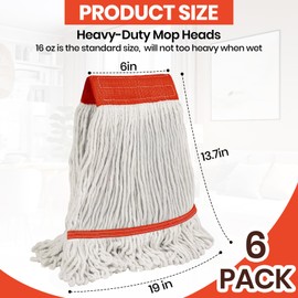 KalTell 6PK Commercial Cotton Mop Head Replacement, Heavy Duty String Mop Refills, Highly Absorbent Industrial Wet Mop Heads for Restaurant, School & Warehouse Cleaning Janitor Supplies-Safety Orange