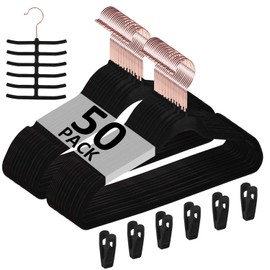 VECELO Premium Velvet Clothes Hangers Suit Heavy Duty (50 Pack)-Non Slip & Space-Saving with 6 Finger Clips & Tie Rack Excellent for Men and Women,Dark Black