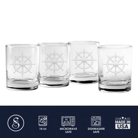 Susquehanna Glass Company Happy Hour Glassware Nautical Ship Wheel, 14 oz. Double on the Rocks, Wrap, Satin, Set of 4