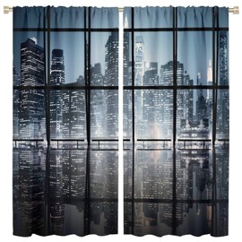 New York Curtains,Modern NYC Scenery at Night with Skyscrapers Buildings City Theme Blackout Rod Pocket Window Drapes for Living Room Bedroom Office Decor W42xL45in