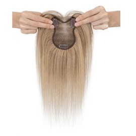 TESSHAIR Human Hair topper for Women, 3D Cover Clip in Bangs, Hair Toppers with Wispy Bangs,11 inch #4P27 Medium Brown & Dark Blonde