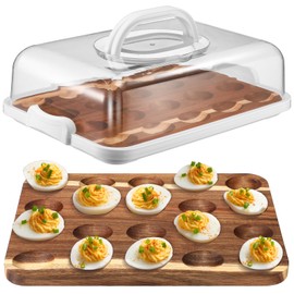 Baderke Easter Acacia Wood Deviled Egg Platter with Lid and Base 20 Holes 12 x 8.5 Inch Round Deviled Egg Tray Reversible Charcuterie Board Wooden Egg Holder Serving Egg Containers for Countertop
