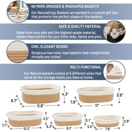 NaturalCozy 5-Piece Rectangle Storage Basket Set- Natural Cotton Rope Woven Baskets for Organizing! Small Basket for Montessori, Baby Nursery, Dog Toy Baskets, Cat Toy Box, Bathroom Organization Bin