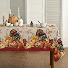 Horaldaily Thanksgiving Tablecloth 60×120 Inch Rectangular, Turkey Pumpkin Autumn Fall Harvest Vintage Washable Table Cover for Party Picnic Dinner Decor