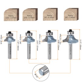 sourcing map Roundover Router Bit Set 1/4 Shank 3/16" 5/32" 1/4" 5/16" Radius Tungsten Steel Tipped Edge Rounding Over Bit with Bearing Guide, Woodworking Milling Tool, Light Blue