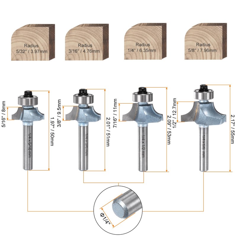 sourcing map Roundover Router Bit Set 1/4 Shank 3/16" 5/32"