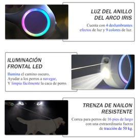Correa Retráctil para Perro con Luz Led, 6 M Correa RetráCtil de Recargable, Tiene Un Mango Antienredos Y Antideslizante de 360°, Durable Correa Retractilar para Perro de Menos de 50 Kg.(Negro)
