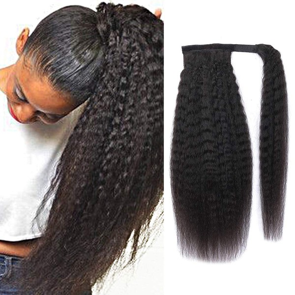 RACILY Kinky Straight Ponytail Human Hair with Wrap Around Magic Tape, Brazilian Hair Clip in Extensions Wavy Yaki Pony Tail Color Natrual Black (22", 1B, Kinky Straight, Wrap Around)