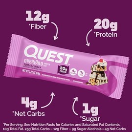 Quest Nutrition Overload Barra de Proteína sabor Sundae Funday | 20g de Proteína, 1g Azúcar | Gluten Free | Caja con 12 barras