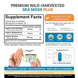 Power By Naturals Sea Moss Plus - USDA Organic Irish Sea Moss Capsules w/Wild Harvested Irish Seamoss, Bladderwrack & Burdock Root Immunity Supplement Sea Moss Pills for Adult 60Ct - 1 Pack