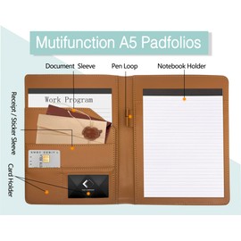Leather Portfolio Binder A5, Mini Soft Leather Padfolio 5 x 8 Business Binder Legal Writing Pad Junior Size Document Organizer for Present Gift Kid Men Women