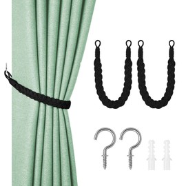 MINICIRCLES Natural Cotton Rope, 2 PCS Curtain Tiebacks, Hand Knitting Curtains Tied, Curtain Rope Buckle, with Metal Hook for Home Hotel Office Curtain Accessories (Black)
