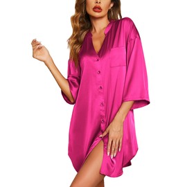 Ekouaer Women's Satin Nightshirt Button Down Sleepshirt Silk 3/4 Sleeve Nightgown Boyfriend Sleepwear Rose Red