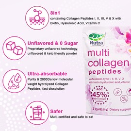 NutraNourish Multi Collagen Peptides Powder, 1LB | (Type I, II, III, V, X) with HyaluronicAcid, Biotin & Vitamin C,Supports Hair, Skin & Joint Health,Unflavored