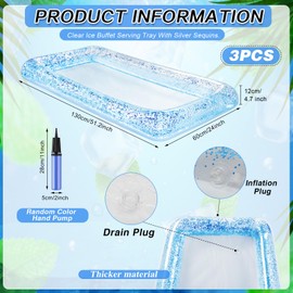 Leitee 3 Pcs Inflatable Serving Bar/Ice Buffet Serving Tray Drink Cooler with Drain Plug Inflatable Cooler for Parties Food Drink Holder Cooler Containers with a Hand Pump (Glitter Blue)