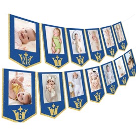 Royal Prince 1st Birthday Photo Banner, 1-12 Monthly Picture Display Bunting Garland Navy Blue Gold Glittery DIY Baby Boy First Birthday Party Decorations