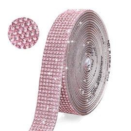 JODEILIY Self Adhesive Pink Crystal Rhinestone Ribbon Strips,7 Rows of 4 Yards Diamond Ribbon Bling Rhinestone Sticker with 2 mm Rhinestone for Crafts,Wedding,Christmas Party(Pink)