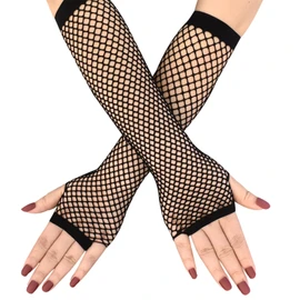 Jozlynn Fishnet Black Gloves For Women and Girls Long Mesh Fingerless Gloves In Theme Party Costume Accessories (Black, 9.45 inch)