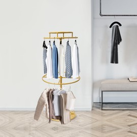 Rotatable Round Clothes Rack, 2-tier Clothing Rack,50lbs Load Capacity Floor-Standing Circular Children Garment Rack Stand for Retail Stores, Gift Stores(Gold)