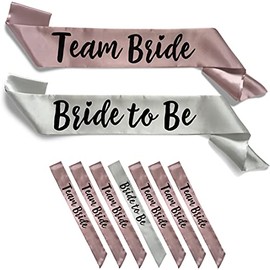 Team Bride 7pc Satin Sash Set - Sophisticated & Fun Party Favors for Bachelorette Party Bridal Shower & Wedding Party (7pc Set Silver & Dusty Pink)