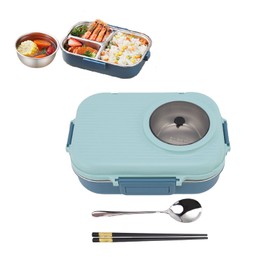 Lunch Box, 1100ml Double Layer 3 Grid Design, 304 Stainless Steel Thermal Lunch Box with Chopsticks Spoon Soup Bowl, Food Container for Kids Students Adults(Blue)