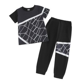 Yoxindax Toddler Kid Boy Clothes Geometric Printed Color Blocking Top Summer Long Pants 2PC Summer Outfit Set(6-7Y)