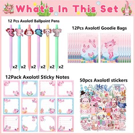 Axolotl Party Favors 86Pcs Axolotl Sticky Notes Pens Stickers and Gift Bags for Cartoon Axolotl Themed Birthday Party Decorations Supplies School Stationery Supply