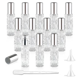 DynnnDy 12Pcs 10ml Clear Glass Spray Bottles with Silver Lid Mini Refillable Perfume Dispenser Fine Mist Atomizer Empty Sample Containers for Essential Oils Skin Care Products Cleaning
