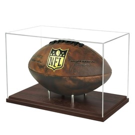 Happyseason Football Display Case, Walnut Wood Base, One-Piece Acrylic, Stainless Steel Rods, Clear Signed Football Holder, Full Size Autograph Football Display Stand, No Assembly Needed