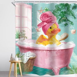 Homewelle Funny Rubber Duck Shower Curtain Cute Yellow Pink Kids Animal in Bathtub Lovely Green Plants Botanical Brush 60Wx72H Inch for Teens Boys Girls Waterproof Polyester Fabric Bathroom Bathtub