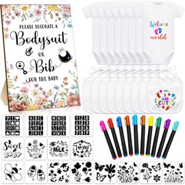 Chuarry - Kit de decoración de baberos para bebé, 43 piezas, 8 monos, 8 baberos blancos de 2 capas, 10 marcadores de tela, 16 plantillas, letrero de baby shower