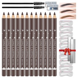 LOKFAR 12 PCS Eye-Brow Pencil Set, Waterproof Eyebrow Pencil Microblading Eyebrow Pen Supplies Kit, Eyebrow Tattoo Makeup with 2 Sharpener, 10 Brow Stencils and Eyebrows Essential Tools (Dark Brown)