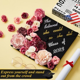 Bonuci Graduation Cap Decorations Kit, 39 Pcs Including 29 Faux Flowers, 3 Glitter Quotes, Glue Gun & Sticks, Plastic, Stylish, Indoor Use