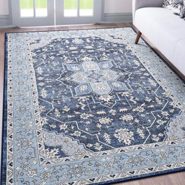FlyDOIT Vintage Washable Area Rug, 5x8 Navy Floral Medallion Rugs for Living Room, Ultra Soft Accent Bedroom Rug, Indoor Non-Slip Low-Pile Throw Carpet for Entryway Dorm Kitchen Dining Room Decor