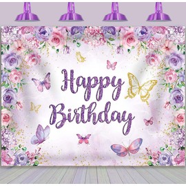 BINQOO Butterfly Birthday Backdrop Purple Butterfly Happy Birthday Photography Background Girl Party Decorations Photo Banner Props Supplies (7x5FT)