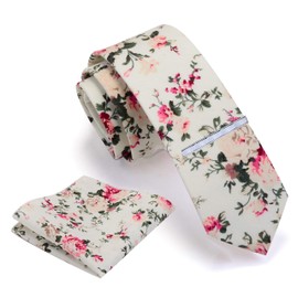 Gusleson Mens Creamy-white Tie Slim Floral Ties for Men Skinny Cotton Necktie and Pocket Square Sets (UK0941-09)