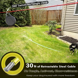 30ft Retractable Dog Leash, 2-in-1 Retractable Dog Tie Out Cable for Zipline, Aerial Run Cable Trolley Or Stake Anchor, No Tangle Lead Reel for Camping Or Yard (1 Pack)