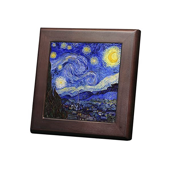 Van Gogh Starry Night Photo Tile with Wooden Frame (World Masterpiece Series) (S Size: 5.9 x 5.9 inches (15 x 15 cm)