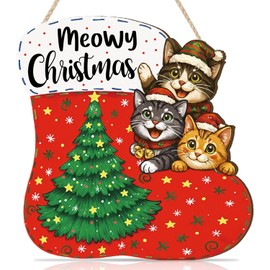 Meowy Christmas Wood Sign Merry Christmas Wall Hanging for Front Door