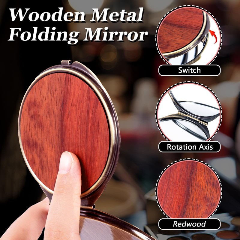 Wooden Surface Metal Frame Round Travel Mirror