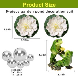 PLATEYTR Set of 9 Mini Ponds Decoration Set Swimming Frog with for Mini Pond Patio Pond Zinc Tubs Solar Fountain Garden Balcony Ponds Decoration 1 Frog, 6 Swimming Balls and 2 Floating Lotus Flower