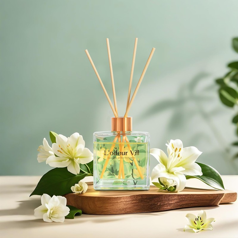 L'odeur Vill Reed Diffuser Set/Jasmine & Lily/3.38 fl.oz（100ML）/1 Pack with