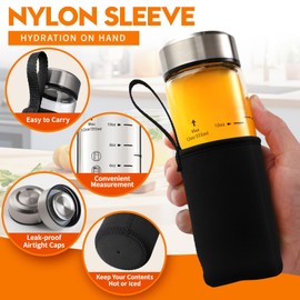 SIEROZUR 20oz Glass Juice Bottles with Lids for Juicing - 2 Pack Reusable Clear Glass Water Bottles with Stainless Steel Cap and Protection Sleeve, Wide Mouth 100% Leak Proof, BPA Free