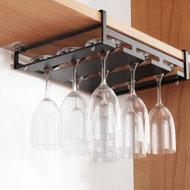 iSPECLE iSPECLE Under Cabinet Wine Glass Holder - Under Shelf Stemware Rack Holds 9 Wine Glasses Upside Down, Quick Access & Tidy Storage for Kitchen Cabinet Bar, Black