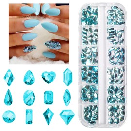 120Pcs Aquamarine Nail Rhinestones Lake Blue 12 Shapes Big Gems Flatback Rhinestones Glass Water Blue Stones Nail Art Diamonds Crystals jewels Nail Charms for Arylic Nails Face Eyes Makeup DIY Crafts