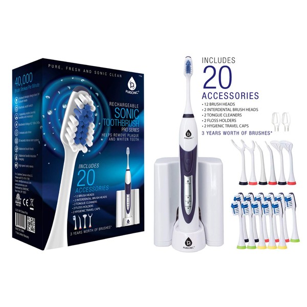 PURSONIC S520 - Cepillo de dientes eléctrico sónico de ultra alta potencia con cargador de muelle, 12 cabezales de cepillo y más (paquete económico)