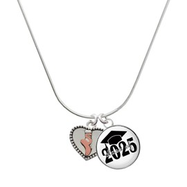 Delight Jewelry Silvertone Ballet Shoe in Heart Script Class of 2025 Dome Charm Necklace, 18"