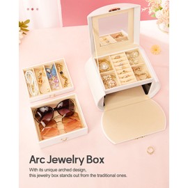 Homde Girls Jewelry Box Jewelry Storage Case Organizer with Mirror for Rings, Earrings, Bracelets, Necklaces (White + Gold)