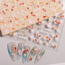 ASDIIT 2 Sheets Koi Fish Nail Stickers Chinese Style 5D Nail Relief Art Decals Lucky Goldfish Decorations DIY Supplies