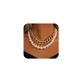 Chargances Boho Layered Faux Pearl Choker Gold Chunky Cuban Chain Necklace Fahsion Short Chain Collar Jewelry for Women